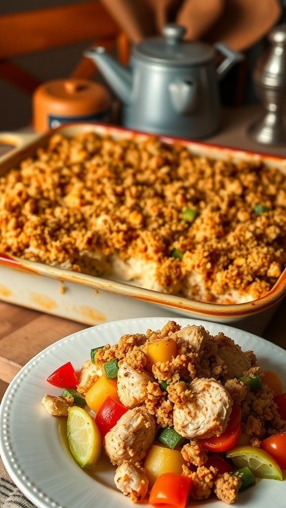 Golden baked chicken casserole with breadcrumb topping and mixed vegetables in a rustic dish.